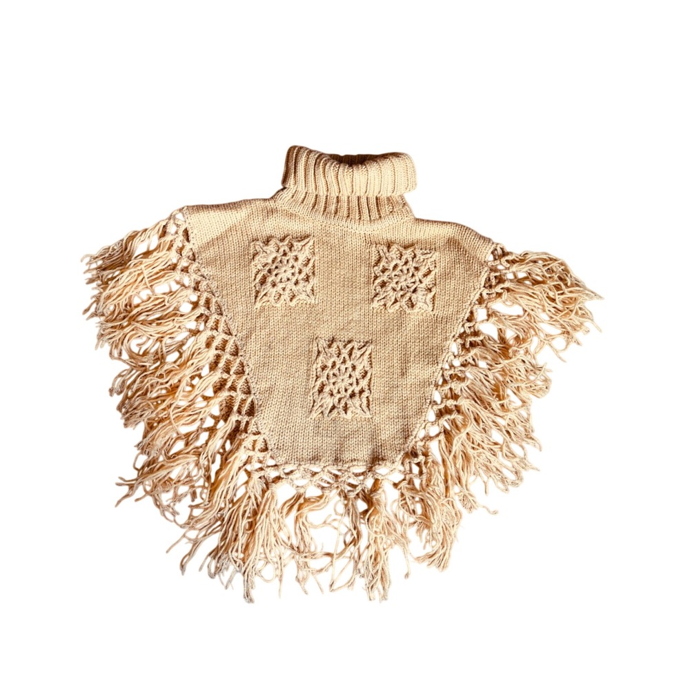 Vintage 70s Q Kids Knit Fringe Poncho Turtleneck Crochet Square Size 4 Retro